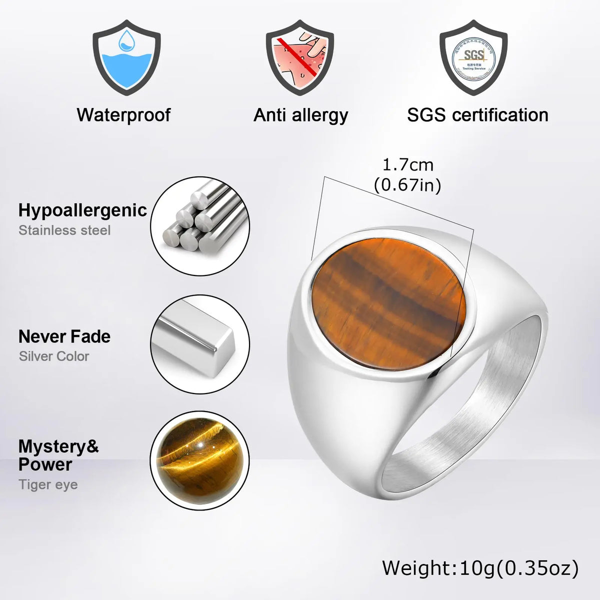 Punk Tiger Eye Stone Signet Ring for Men,Vintage Stainless Steel Natural Stone Round Sqare Ring,Stylish Causal Male Jewelry