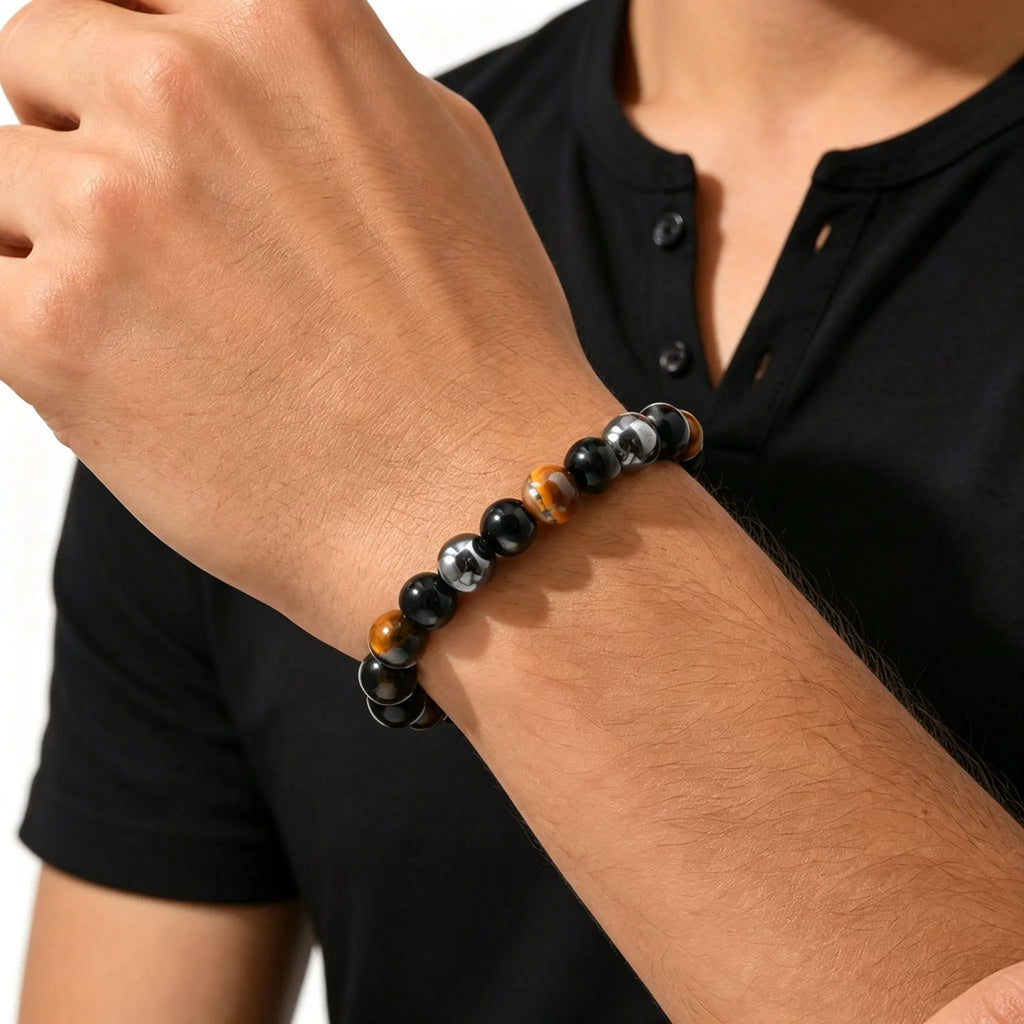 6/8/10mm Black Natural Stone Beaded Bracelets for Men,Obsidian Hematite Tiger Eye Beads Bracelets,Health Protection Soul Jewelry