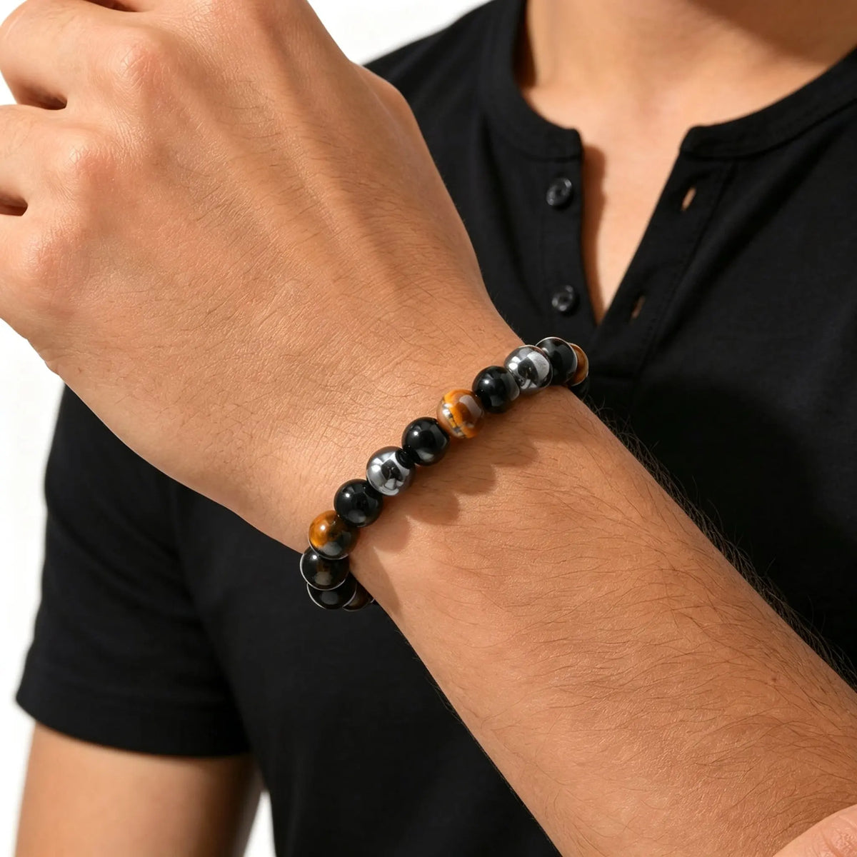 6/8/10mm Black Natural Stone Beaded Bracelets for Men,Obsidian Hematite Tiger Eye Beads Bracelets,Health Protection Soul Jewelry