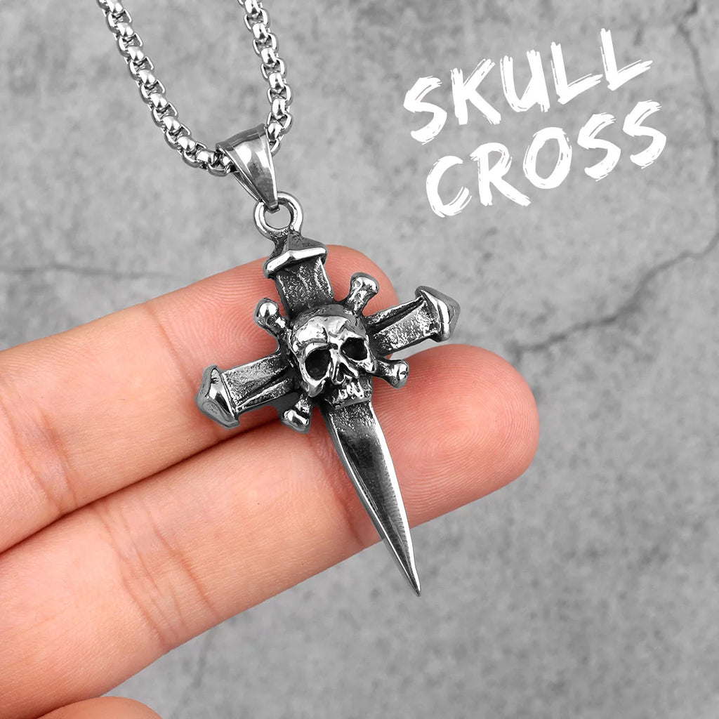 PENDRA Skull Cross Sword Steel Necklace