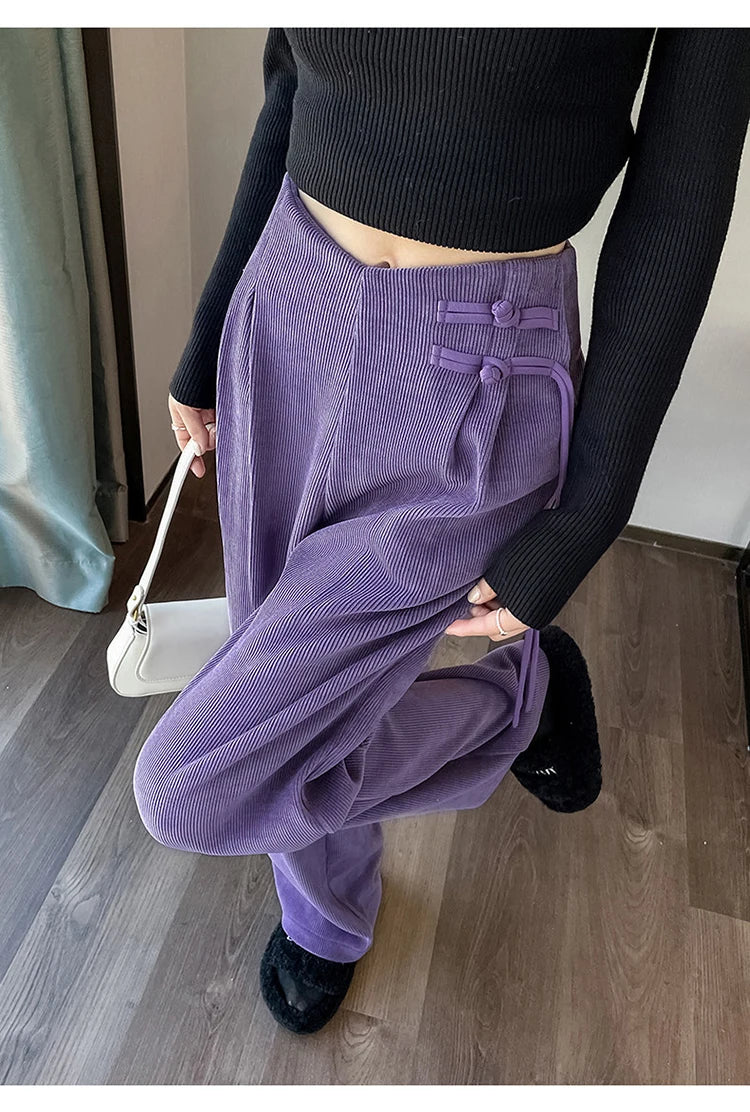 Corduroy pants women autumn and winter new Chinese style buckle casual thick solid color versatile wide leg pants