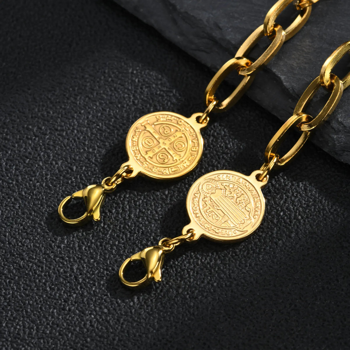 Saint Benedict Bracelet for Men,Gold Silver Color Stainless Steel Link Chain Wristband,Catholic Christian Medal Jewelry Gift