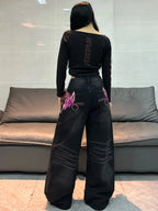 American Vintage Butterfly Embroidery Design Black Women's Loose Wide-Leg Jeans Y2K Street Fashion Versatile Straight-Leg Pants