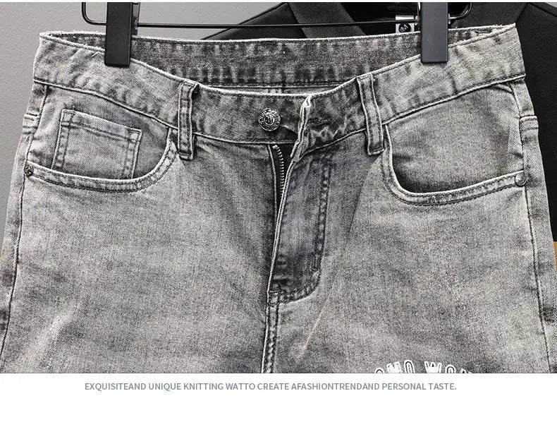 Korean Fashion Kpop Men's Casual Streetwear Boyfriend Designer Denim Shorts with Rabbit Embroidery for Summer Grey Short Jeans
