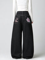 Women's Vintage American-Style Pocket Embroidered Print Loose High-Waist Wide-Leg Jeans Y2K Street Trend Simple Comfortable Everyday Versatile Pants