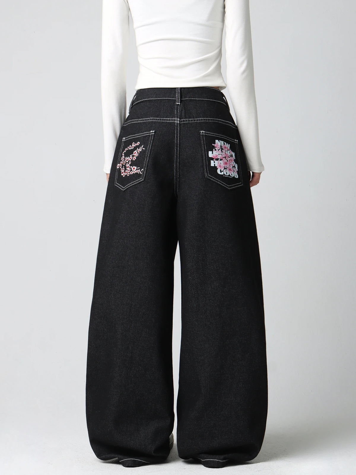 Women's Vintage American-Style Pocket Embroidered Print Loose High-Waist Wide-Leg Jeans Y2K Street Trend Simple Comfortable Everyday Versatile Pants