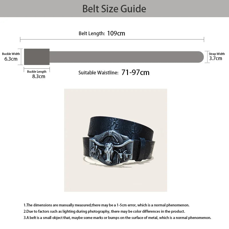 Western Cowboy Leather Belts Longhorn Bull Buckle Pattern Floral Engraved Belt for Men Gothic Accessories Jeans Waistband Male