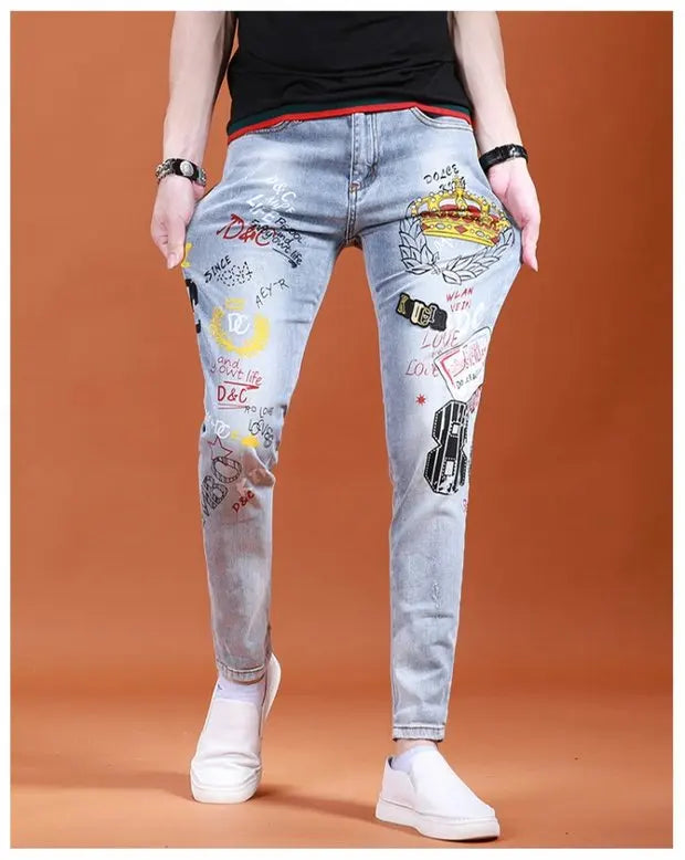 Spring Summer White Hot Drill Ripped Cowboy Korean Style Streetwear Men Washed Luxury Holes Slim Hip-hop Stylish Jeans Trousers