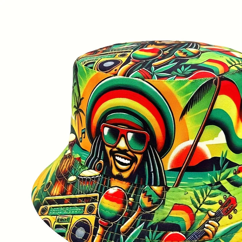 PENDRA Hip-hop Jamaican Character Print Double-sided Bucket Lightweight Fisherman Bucket Hat