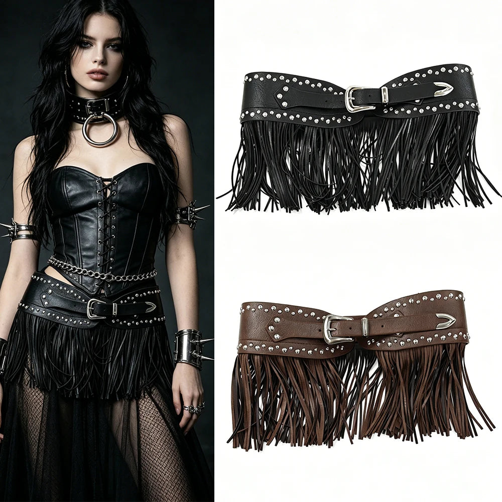 Vintage Punk Style Long Tassel Gothic Design PU Leather Belts For Woman Y2K Harajuku Personality Street Spice Girl Wide Belt