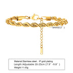 2/3/4/5mm Twist Rope Chain Bracelet for Men Women,Casual Stainless Steel Adjustable Chain Wristband,Gold/Siver Color Chain
