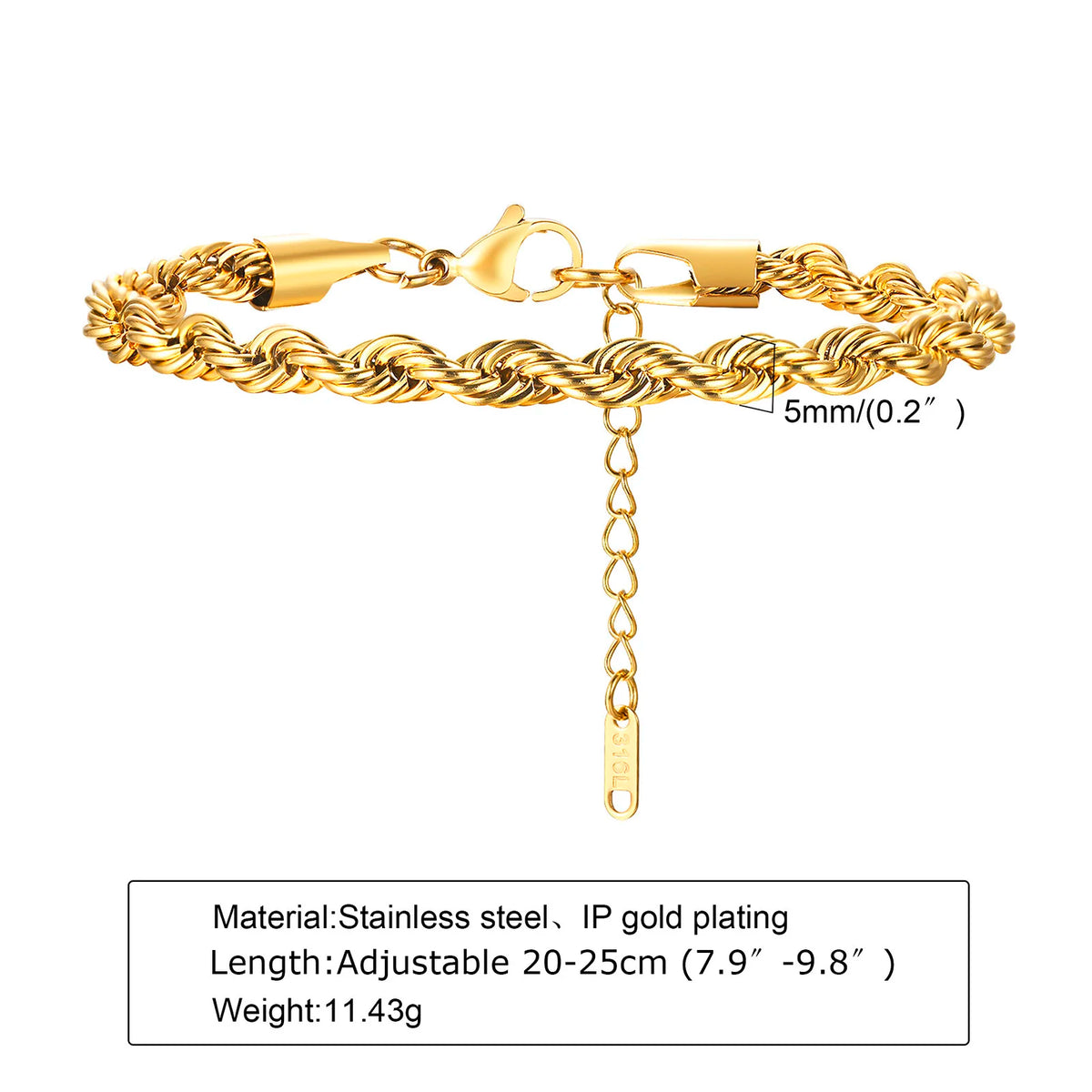 2/3/4/5mm Twist Rope Chain Bracelet for Men Women,Casual Stainless Steel Adjustable Chain Wristband,Gold/Siver Color Chain