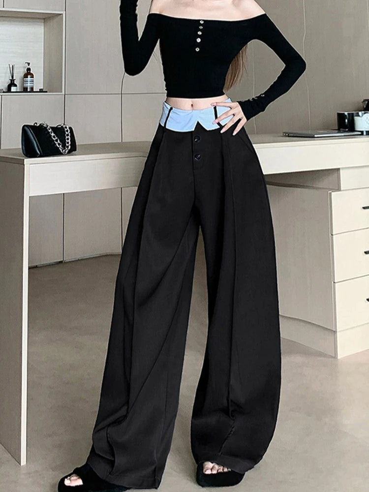 Suit wide leg pants women's autumn and winter striped patchwork high waisted casual fashion versatile straight leg pants