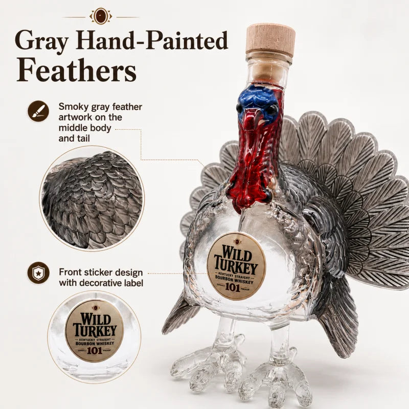 Novelty Turkey Whiskey Decanter, Clear Glass Liquor Bottle with Colorful Head and Feather Design, Unique Home Bar Display