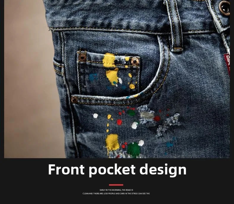 Beggar Ripped Denim Shorts Men's Summer Trendy Brand Ruffian Handsome Ink-splashing Elastic Washed Breeches Thin Short Pants