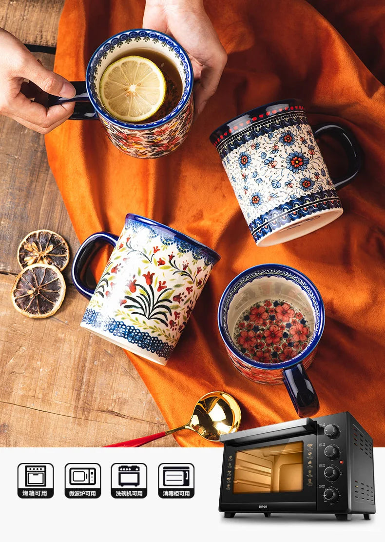 Bohemian Handmade Floral Ceramic Coffee Mug, Retro Pattern Porcelain Cup, Aesthetic Tea Mug for Latte, Cute Drinkware Gift