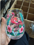 Flamingo Cocktail Glass Tropical Hibiscus Decal Stemless Beer Cup Gold Rim Bar Drinkware Party Gift