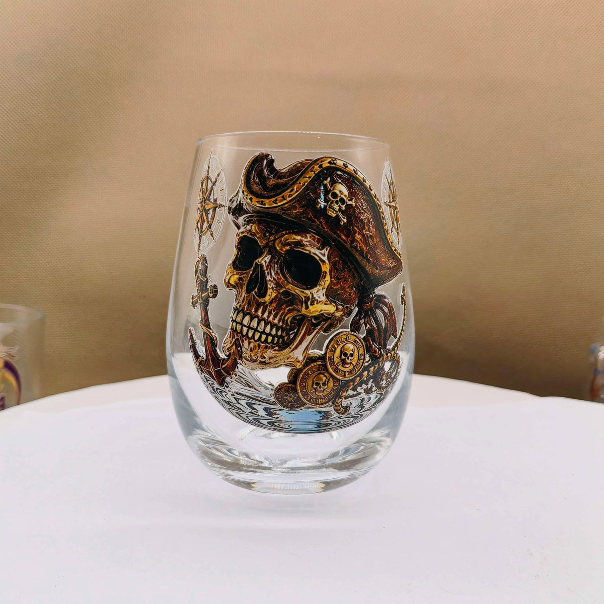 Vintage Pirate Captain Skull Stemless Whiskey Glass Nautical Anchor Compass Treasure Coin Print Heavy Base Bar Decor Tumbler