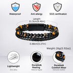 Stylish Leather Bracelet for Men Boys,Double Layers Natural Stone Tiger Eye Black Beaded Bracelet,Gift to Father Husband BBF