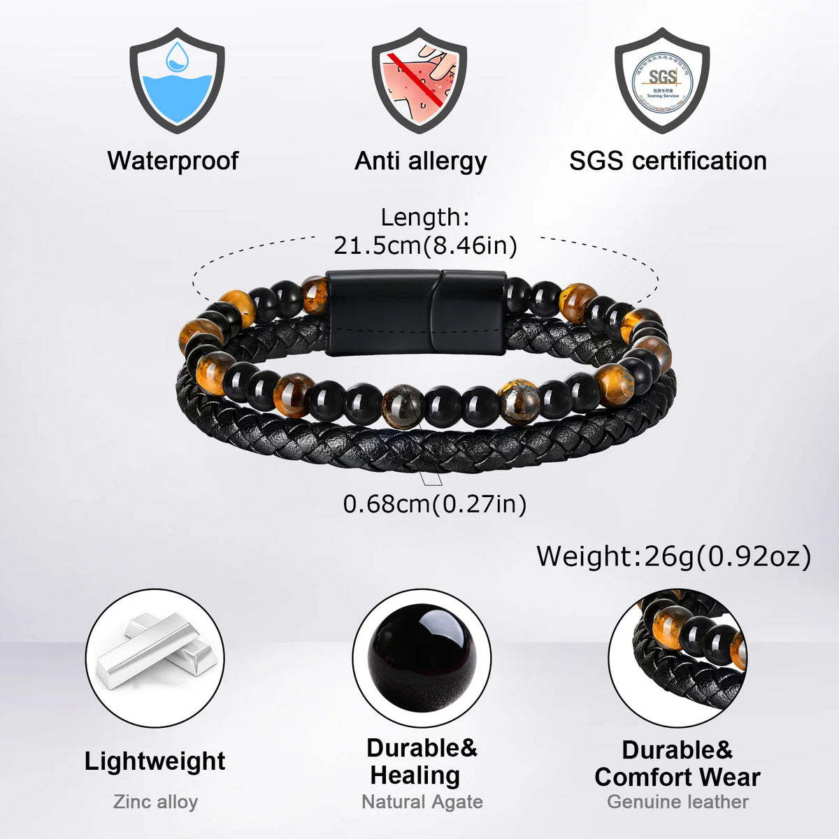 Stylish Leather Bracelet for Men Boys,Double Layers Natural Stone Tiger Eye Black Beaded Bracelet,Gift to Father Husband BBF