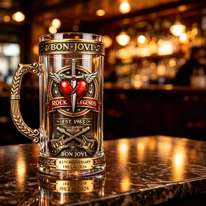 Bon Jovi Rock Legend Themed Beer Mug, Vintage Embossed Metal Handle Large Capacity Draft Beer Mug