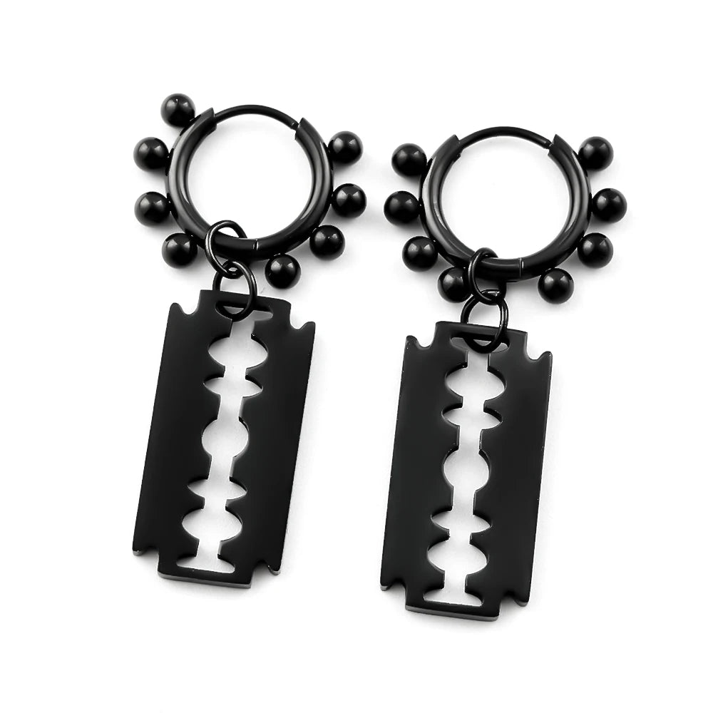 Punk Gothic Razor Blade Drop Earrings for Women Men Black Silver Color Hip Hop Stainless Steel Beads  Earring Rock Party Jewelry