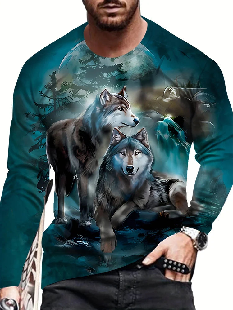 Spring And Autumn Men's Daily Casual Top Street Fashion Men's Long Sleeve T-shirt 3D Wolf Print Men's Long Sleeve T-shirt