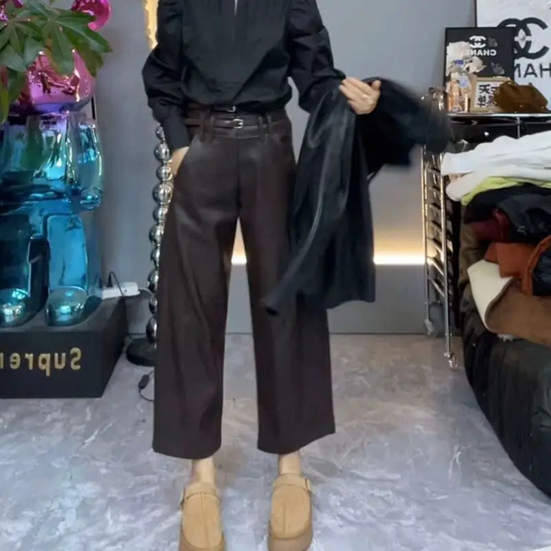 Autumn and Winter New Nine Cropped Leather Pants Women High Waist Slimming Double Waist Belt with Velvet Wide Leg Pants