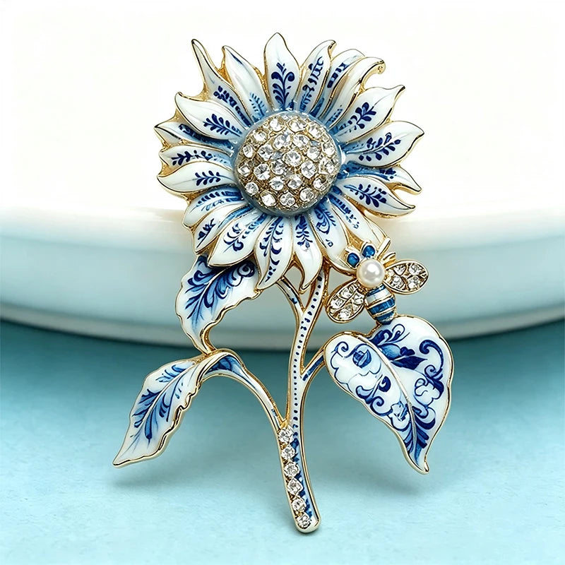 PENDRA Porcelia Blue-and-White Rhinestone Sunflower Brooch