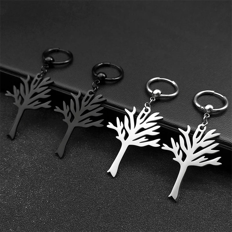 Stainless Steel Music Band Hip Hop Tree of Life Hoop Earrings for Women Silver Color Gothic Punk Earring Jewelry Gift E3404S06