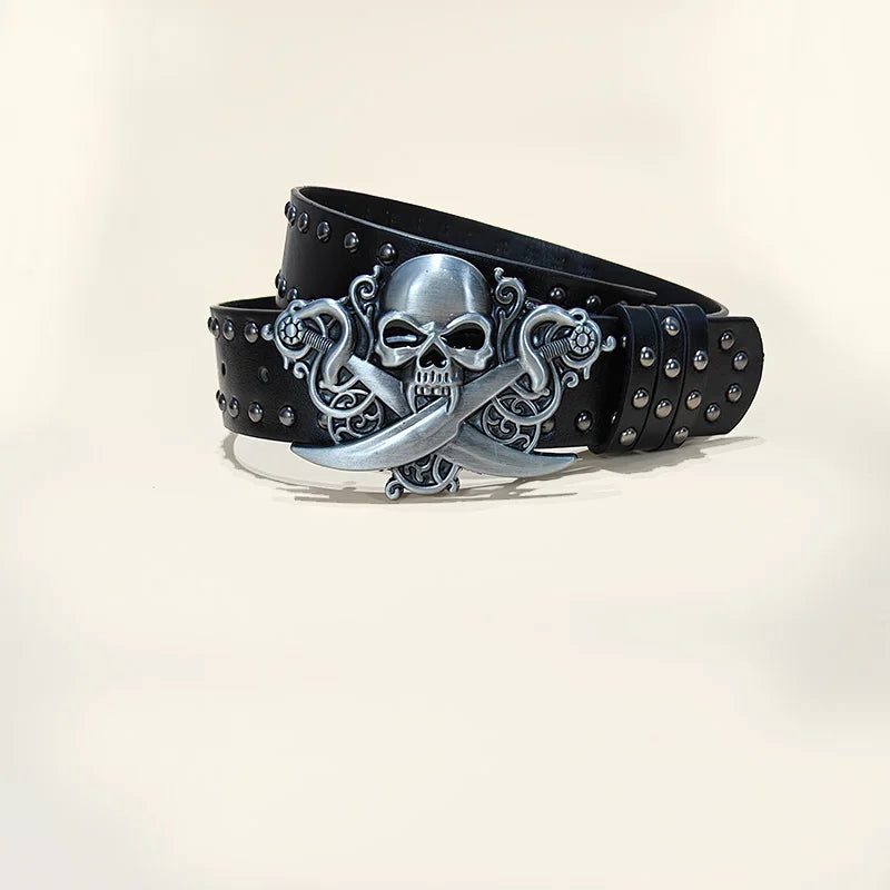 Unisex Desinger Belts For Women and Men High Quality Luxury Brand Punk Black Rivet Jeans Belt Skull Wolf Buckle Gothic Waistband