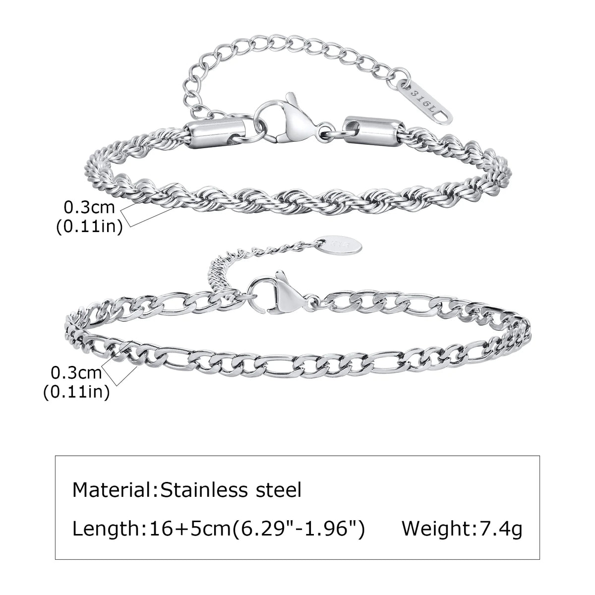 2pcs Men's Chain Bracelets,Silver Color Stainless Steel Rope Twisted Adjustable Chain Wristband,Simple Jewelry Gift for Dad Him