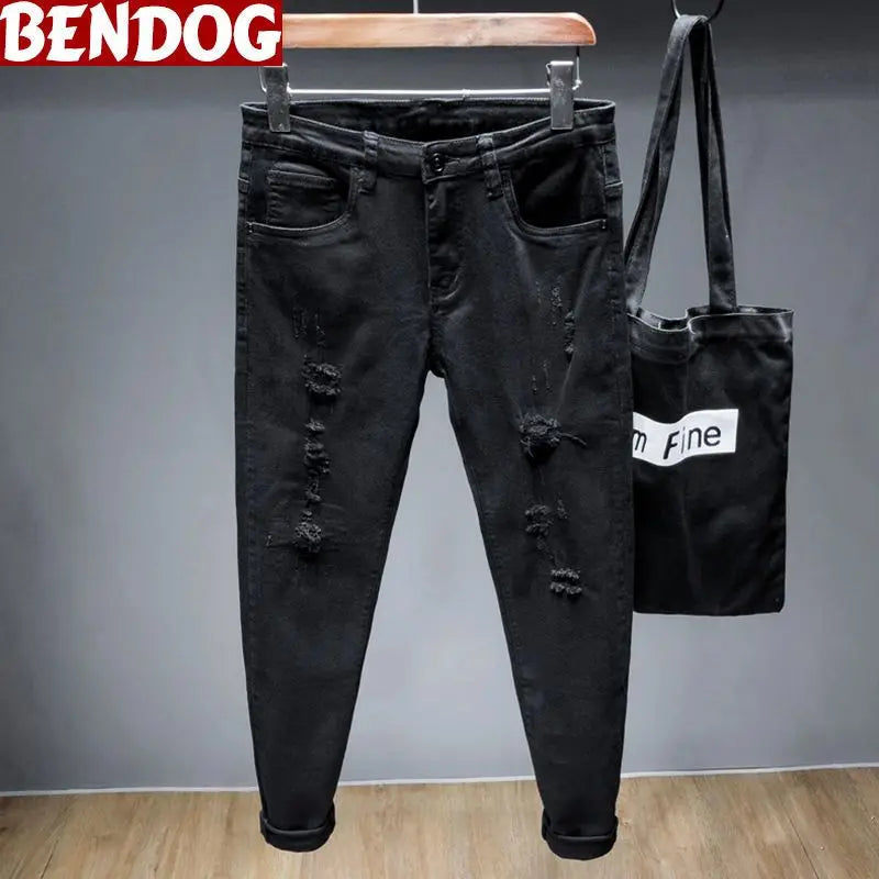 Spring New Ripped Jeans Men's Slim-fitting Elastic Simple Solid Casual Trousers Trendy Men's Trousers White Denim Jeans Hombre