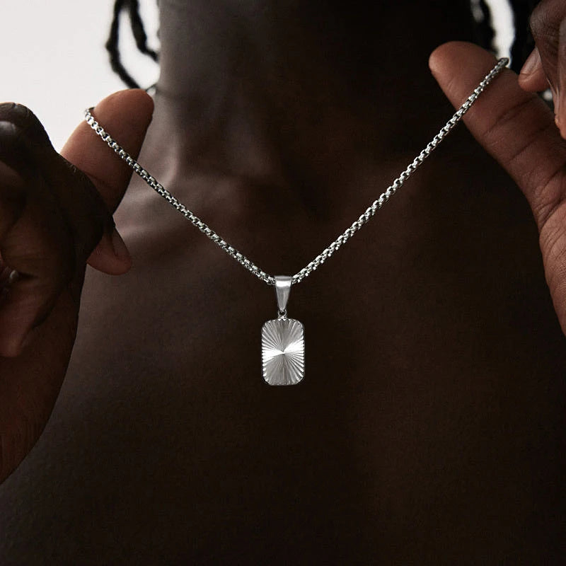 Mens Square Pendant Necklaces,Embossing Radiation Sunburst Stainless Steel Pendant Necklaces,Stylish Jewelry Gifts