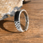 Black Rectangle Ring for Men Boys,Classic Square Ring Metal Ring Chessboard Ring,Casual Gifts for Him