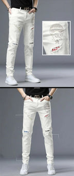 Spring Summer White Hot Drill Ripped Cowboy Korean Style Streetwear Men Washed Luxury Holes Slim Hip-hop Stylish Jeans Trousers