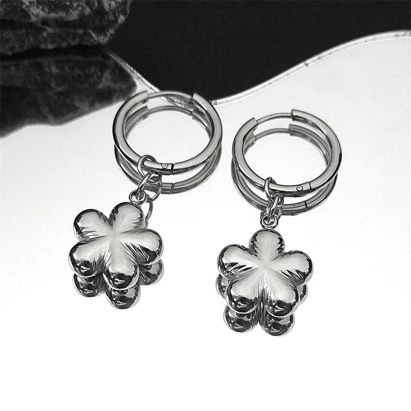 Stainless Steel Y2K Plum Blossom Hoop Earrings for Women Silver Color Aesthetics Flower Hip Hop Earring Jewelry EZZZ796-3S06