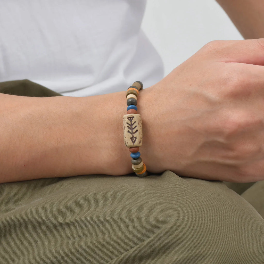 Mprainbow Fish Bone Beads Charm Bracelets for Men Boys, Retro Ethnic Wood Beaded Wristband,Adjustable Jewelry Gift to Him
