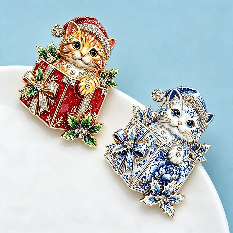 PENDRA Giftbox Rhinestone Christmas Cat Brooch