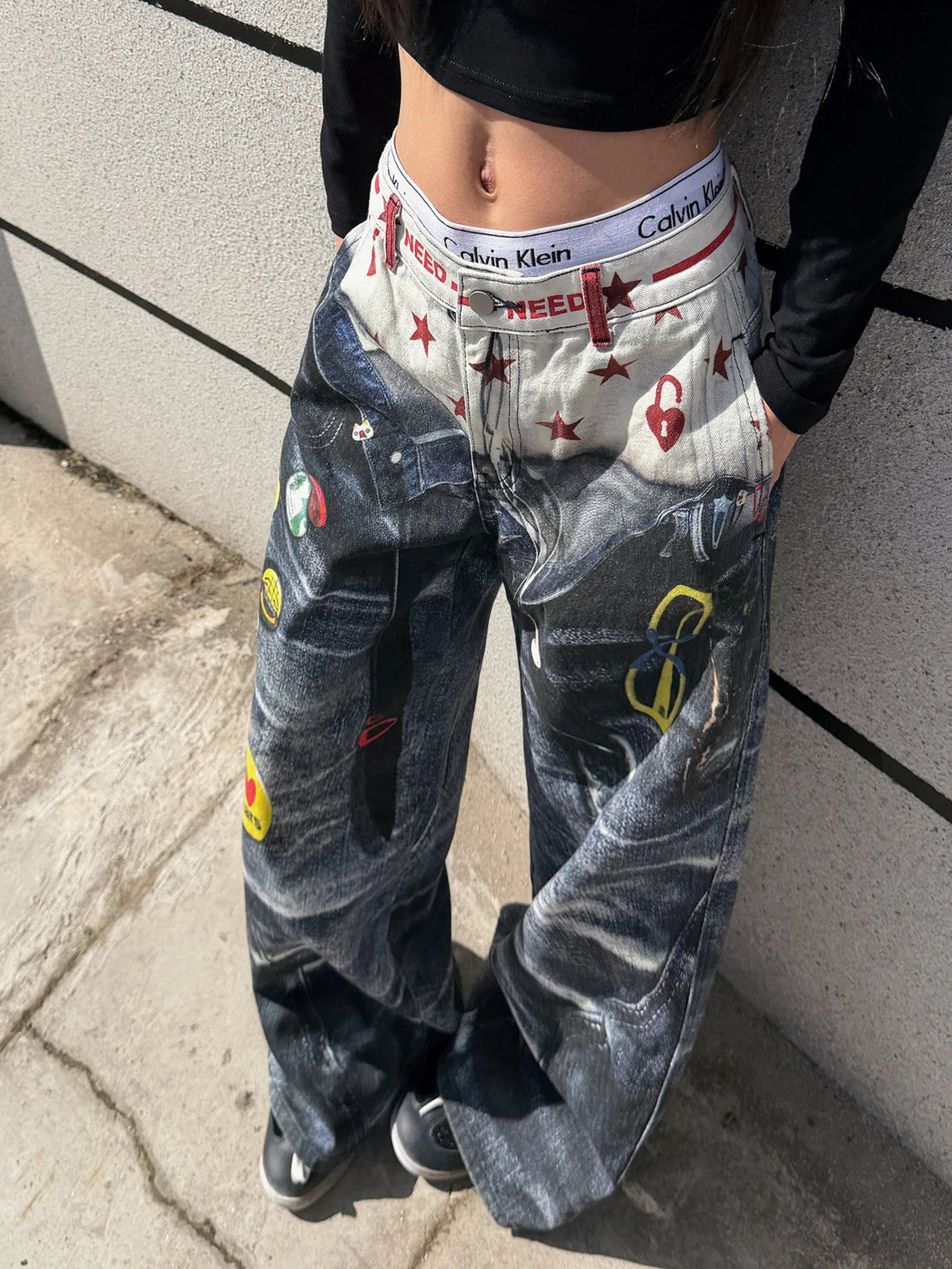 American High-Street 3D Print Design Blue Loose Jeans Y2K Street Trendy Fashion Versatile High-Waist Wide-Leg Pants