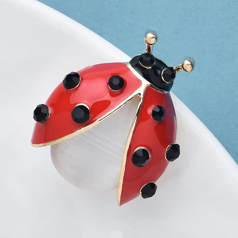 PENDRA Red Opal Ladybug Enamel Brooch
