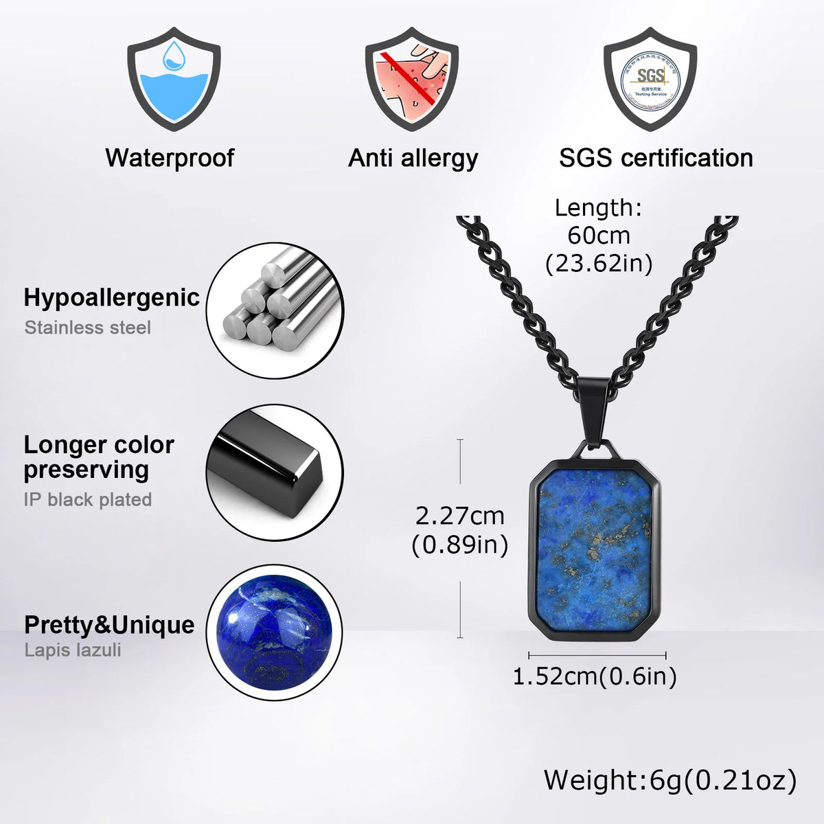 Casual Stainless Steel Men's Rectangular Necklace,Blue Natuarl Stone Lapis Lazuli Pendant,Birthday Father Anniversary Gift