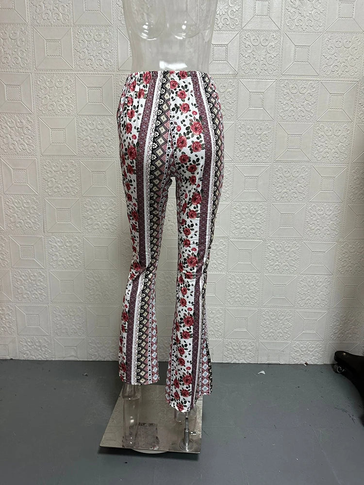 Vintage Boho Spring Floral Print Casual Pants Fashion new high elasticity tight fitting micro flared Yoga Joggers pants