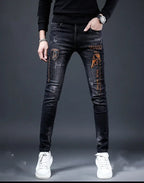 2025 Summer Ripped Jeans Men's Slim-fitting Small Feet Elastic Trousers Trendy Brand Fashion Scratched Patch Cargo Beggar Pants