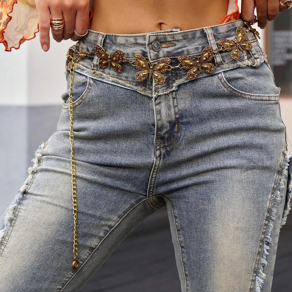 Vintage Butterfly Golden Waist Chain Belt Female Dress Punk Silver Metal Waistband Y2k Designer Belts for Women Jeans Luxury