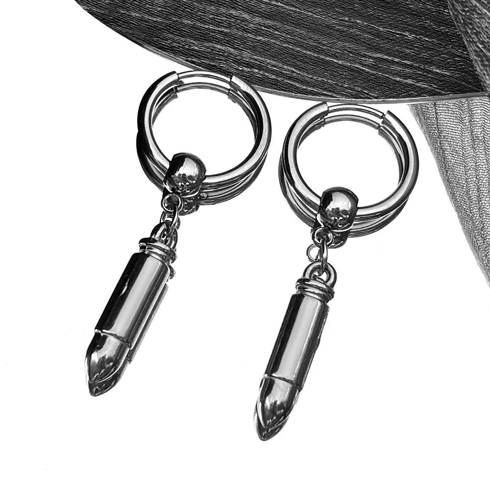 Hiphop Bullet Punk Rock Ear Clip For Men Women Stainless Steel Silver Color Party Hottie Hoop Dangle Earrings Male Jewelry
