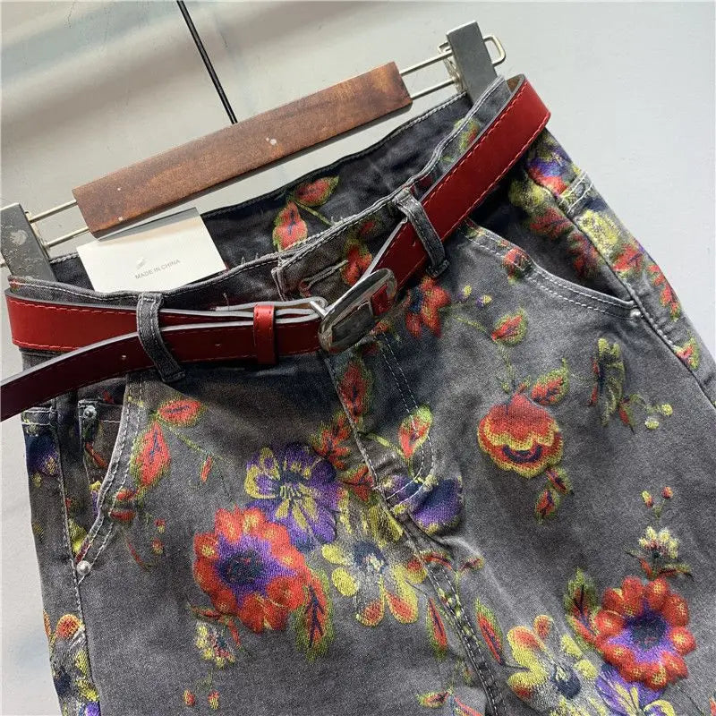 Spring Autumn European Ethnic Style Oversized Printed Jeans Retro Loose Ankle-Tied Harem Trousers Fashionable Denim Pants