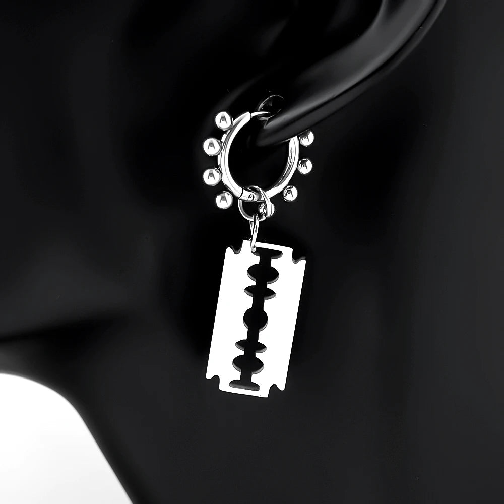 Punk Gothic Razor Blade Drop Earrings for Women Men Black Silver Color Hip Hop Stainless Steel Beads  Earring Rock Party Jewelry