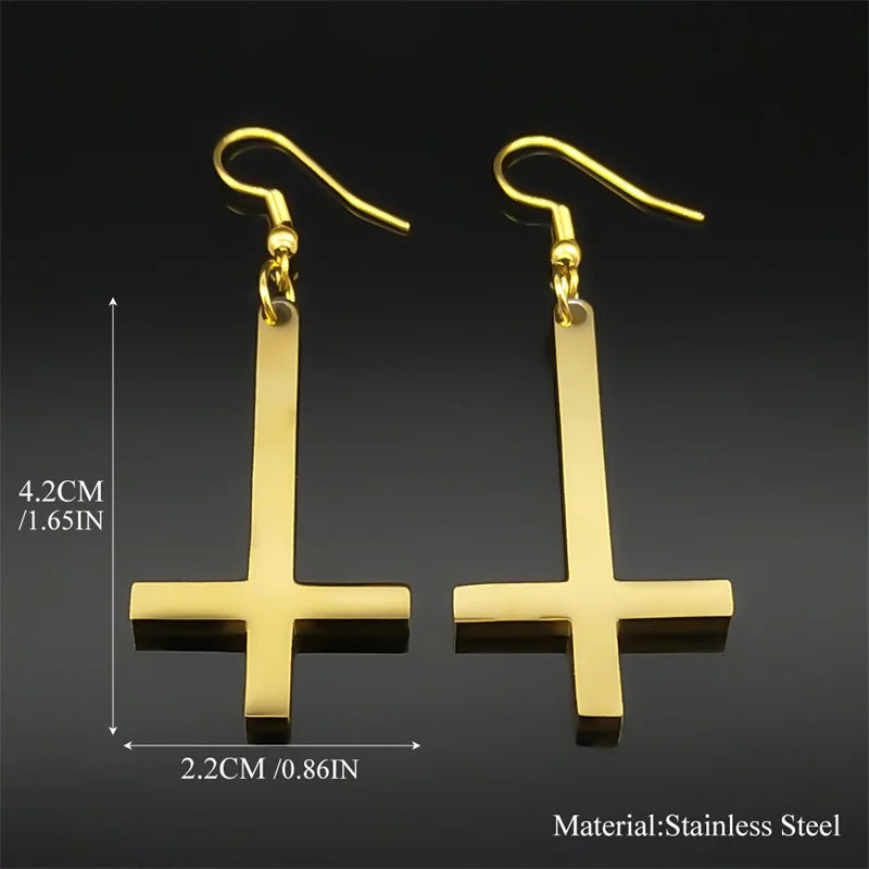 Stainless Steel Gothic Upside Down Cross Drop Earrings Punk Inverted Cross Earring Goth Jewelry Pendientes Mujer E8374S06