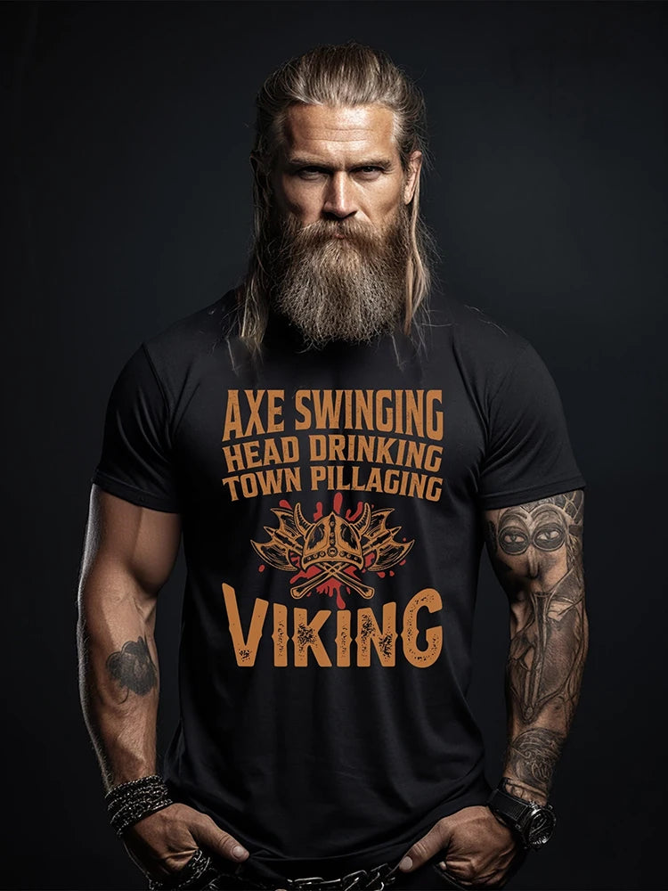 Summer Everyday Casual Men's T-shirt Fashionable Street Men's T-shirt Outdoor Sports Comfort Men's Short Sleeve Top Viking Print
